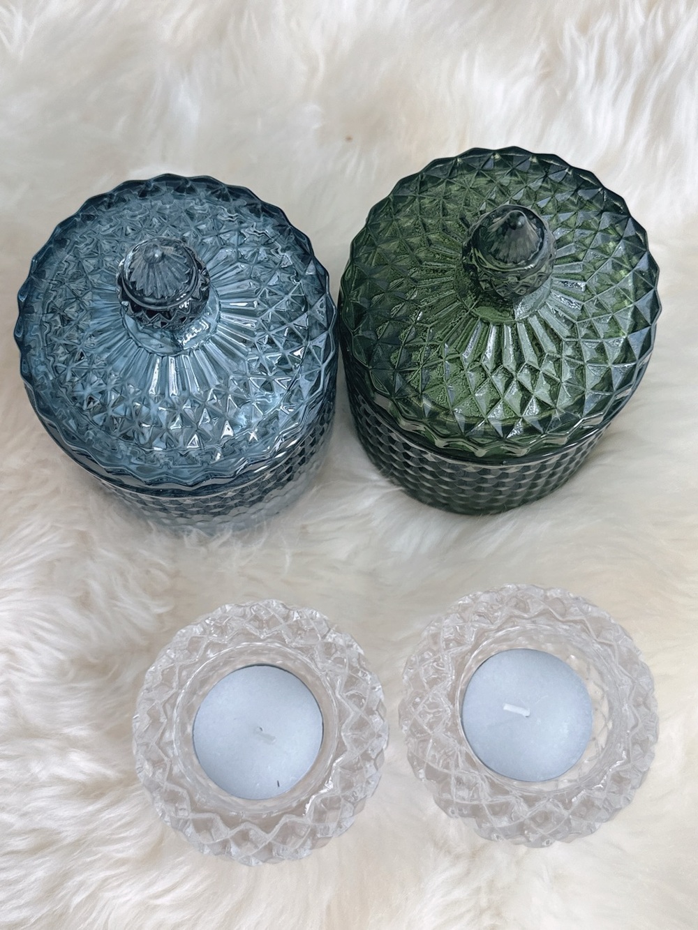 Vintage-Style Blue and Green Glass Canisters with Clear Candle Holders